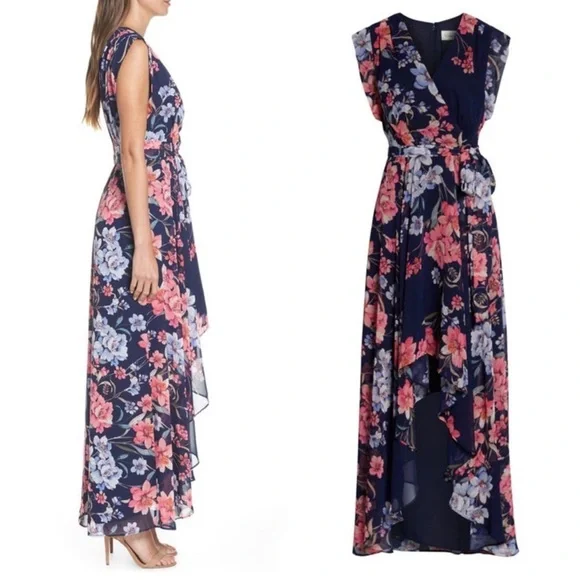 Eliza J Navy Floral Wrap High Low Maxi Dress Romantic Wedding Guest Flowy garden - Picture 2 of 10